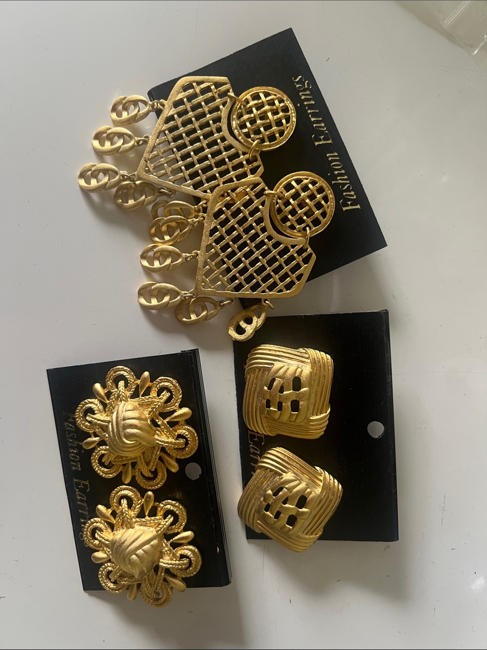 Gold Tone Statement Earrings Trio - Basketweave, Knot & Woven Styles
